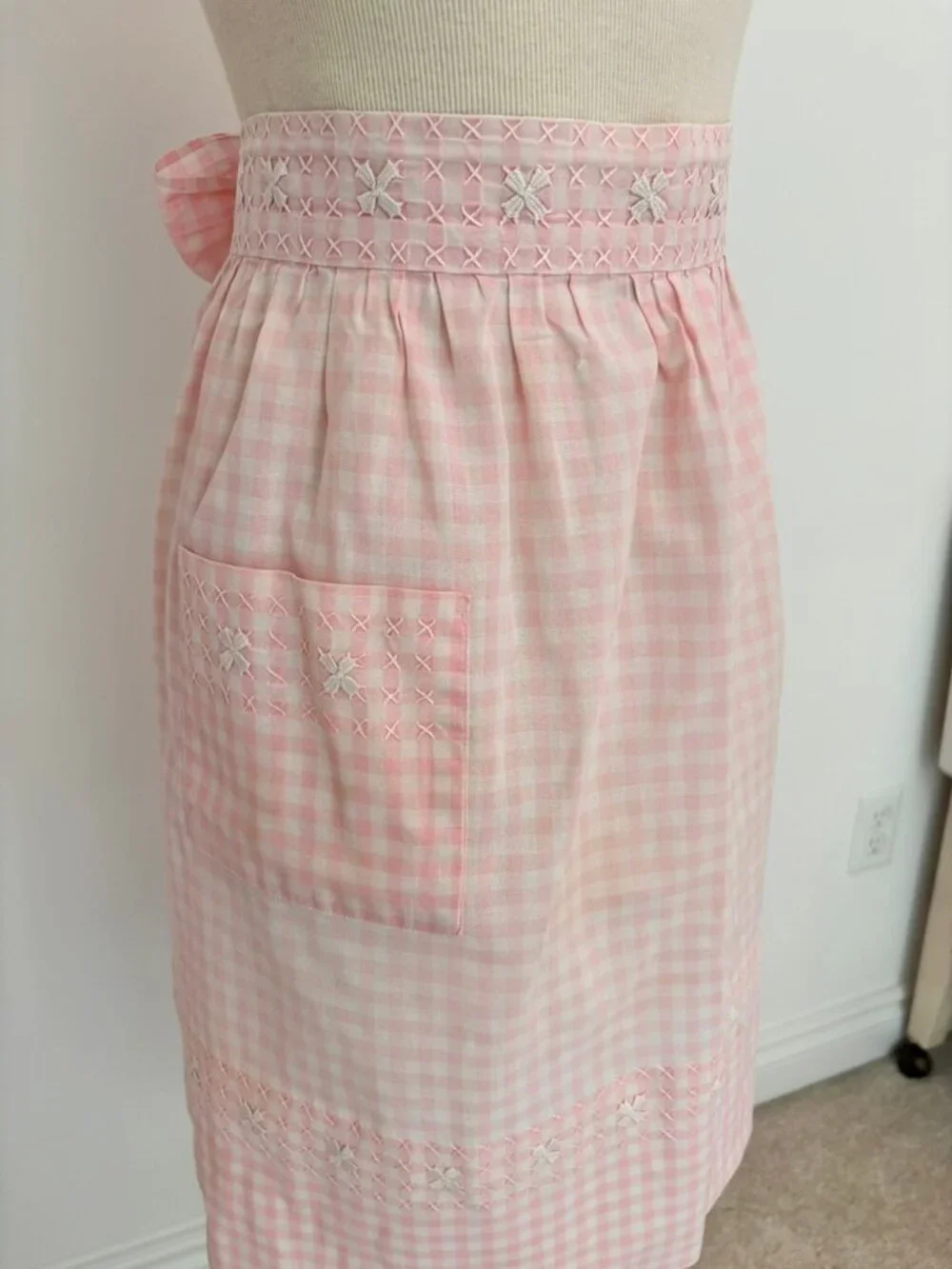 Vintage Pink Gingham Half Apron One Pocket White Cross Stitch Trim Handmade